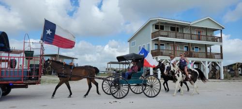 a horse drawn carriage with people in it in front of a house at Las Casitas on Magnolia Beach - Casita B in Port Lavaca