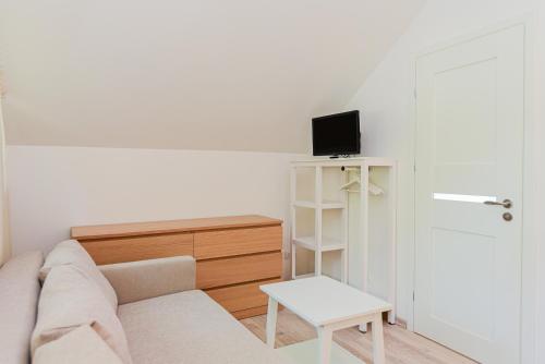 a living room with a couch and a tv and a table at Sengirės kotedžai Juodkrantė in Juodkrantė
