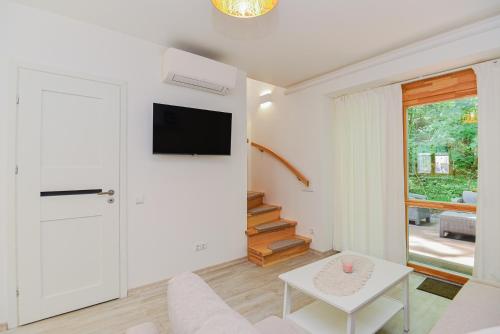a living room with a couch and a tv on a wall at Sengirės kotedžai Juodkrantė in Juodkrantė