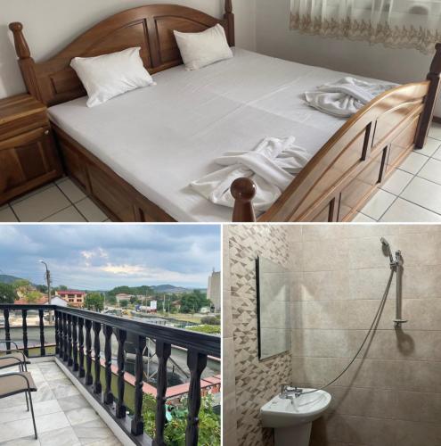 a bedroom with a bed and a balcony with a toilet at Зелената къща in Hisarya