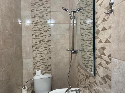 a bathroom with a shower and a toilet in it at Зелената къща in Hisarya