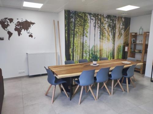 a conference room with a wooden table and blue chairs at Neoresid Paris-Gagny in Gagny
