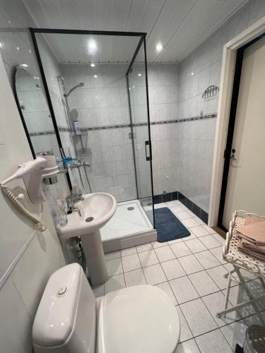 La salle de bains est pourvue d'une douche, de toilettes et d'un lavabo. dans l'établissement Akord Apartments, à Pärnu