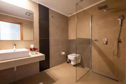 a bathroom with a shower and a sink and a toilet at Apollonia Hotel Gevgelija in Gevgelija