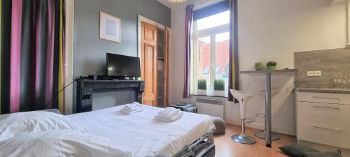 1 dormitorio con cama blanca y chimenea en Little Suite - Jeanne, en Lille