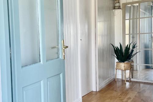 a door in a room with a potted plant at Wavecrest Holiday Cottage in Garryvoe