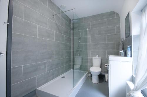 uma casa de banho com um chuveiro, um WC e um lavatório. em Beautiful Apartment by Town & Beach em Swansea