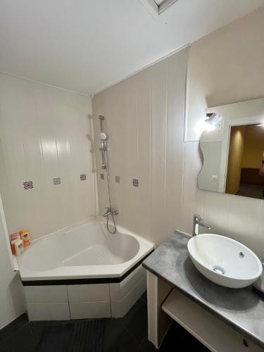 La salle de bains est pourvue d'une baignoire et d'un lavabo. dans l'établissement Appartement 2 chambres - lits king size - wifi - baignoire, au Puy-en-Velay