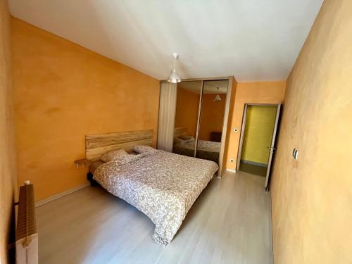 um quarto com uma cama e um espelho grande em Appartement 2 chambres - lits king size - wifi - baignoire em Le Puy-en-Velay