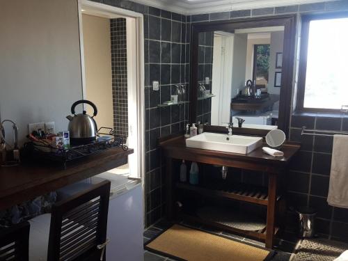 uma casa de banho com um lavatório e um espelho em The Greens Guesthouse Bellville Golf Course em Bellville