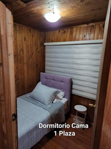 Casa Sofía في كونستيتسيون: غرفة صغيرة بسرير في كابينة خشبية