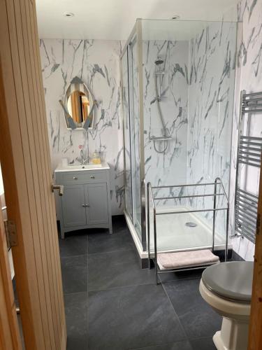 a bathroom with a shower and a sink and a tub at Red Kite Barn in Ammanford