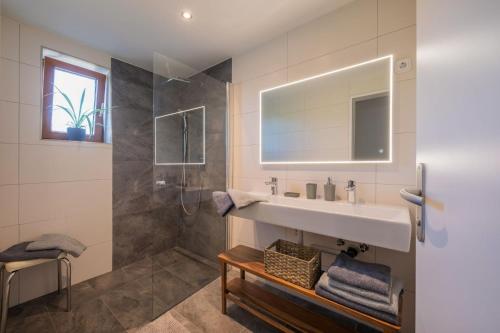 a bathroom with a sink and a shower at Ahrnhof in Innsbruck