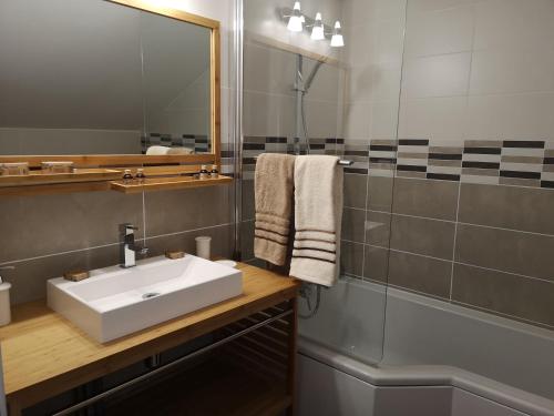 łazienka z białą umywalką i lustrem w obiekcie chambres d'hôtes à la claire fontaine w mieście Sorges