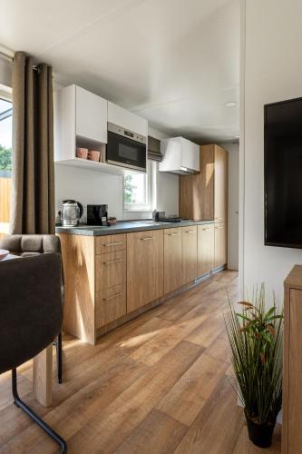 an open kitchen with wooden cabinets and a television at Wichrowe Wzgórze Lark House in Kudowa-Zdrój
