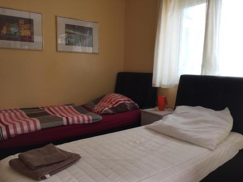 een slaapkamer met een bed en een raam met een raam bij Studio-Apartment Sven in Bonn