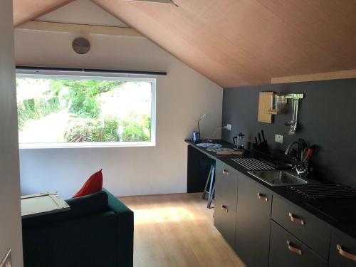 eine Küche mit einem Sofa, einem Waschbecken und einem Fenster in der Unterkunft Lucys loft in Cork