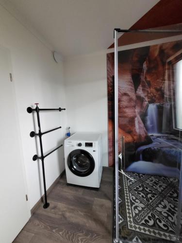 a room with a washing machine and a bed at JaNettes Gästehaus in Bad Doberan