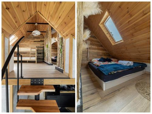 sypialnia i łóżko w małym domku w obiekcie Domek na Wodzie FM - Czarna perła w mieście Mrągowo