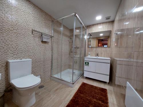 uma casa de banho com um chuveiro, um WC e um lavatório. em Casa do Pátio em Sabugueiro