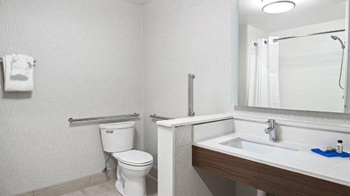 a bathroom with a toilet and a sink and a mirror at Holiday Inn Express & Suites Racine by IHG in Racine
