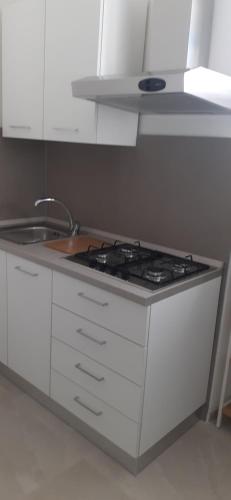 a white kitchen with a stove and a sink at Il salice in Monte San Savino