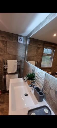a bathroom with a white tub and a mirror at Harewell wood cabin in Pateley Bridge