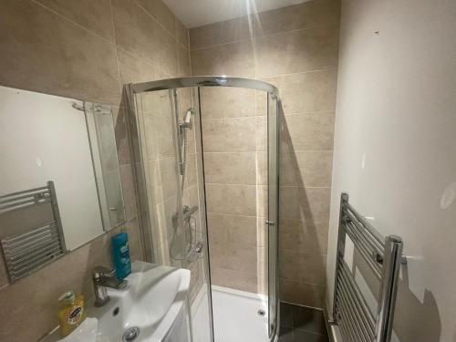 a bathroom with a shower and a sink and a toilet at Lovely 1 bedroom apartment with on street parking in London