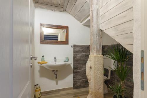 baño con lavabo y techo de madera en Authentic Istrian Villa Stazione with Pool en Čabrunići