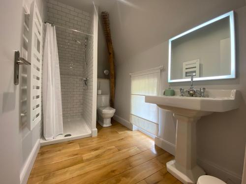een badkamer met een wastafel, een douche en een toilet bij Gîte Domanial en Périgord Noir in Cénac-et-Saint-Julien
