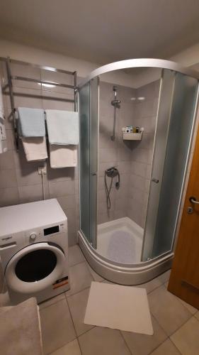 y baño con ducha, aseo y lavamanos. en Studio apartman Lea 2, en Čazma
