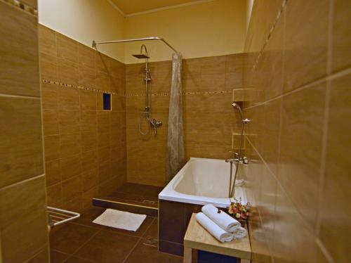 ein Badezimmer mit einer Dusche, einer Badewanne und einem Waschbecken in der Unterkunft R.Gold Apartman in Makó