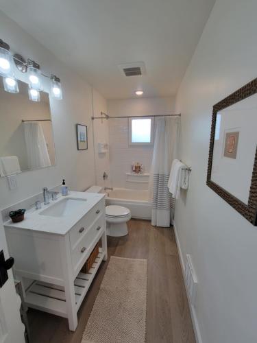 a white bathroom with a sink and a toilet at Sunny remodeled craftsman in Georgetown in Seattle