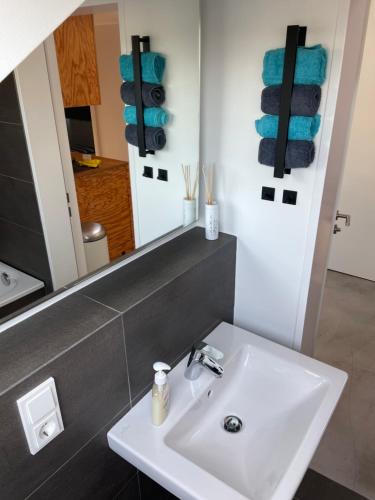 y baño con lavabo y espejo. en Apartment Bensberg, en Bergisch Gladbach