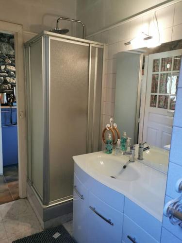 La salle de bains est pourvue d'une douche et d'un lavabo blanc. dans l'établissement Très belle maison typique proche de Saint-Lary, à Ancizan