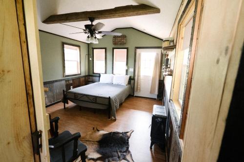 a bedroom with a bed and two cats laying on the floor at The Outpost in Grand Rivers