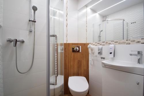 a bathroom with a shower and a toilet and a sink at Willa Paweł in Pogorzelica
