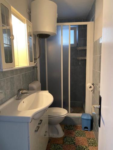 a bathroom with a toilet and a sink and a shower at Apartments by the sea Prigradica, Korcula - 248 in Blato