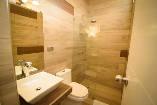 ein Bad mit einem WC, einem Waschbecken und einer Dusche in der Unterkunft HOTEL PIEDRA SANTA - Moquegua in Moquegua