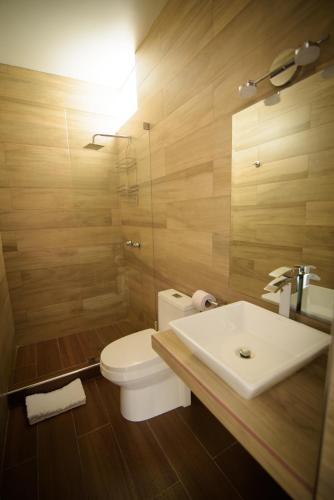 a bathroom with a toilet and a sink at HOTEL PIEDRA SANTA - Moquegua in Moquegua