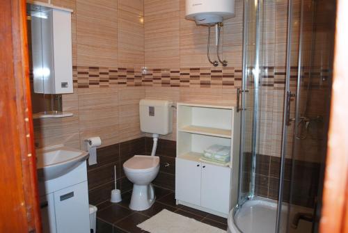 łazienka z toaletą, umywalką i prysznicem w obiekcie Apartments by the sea Zavalatica, Korcula - 182 w mieście Zavalatica