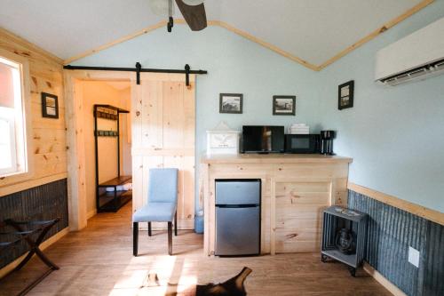 a kitchen with a stove and a dog in a room at The Outpost in Grand Rivers