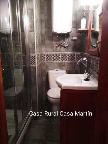 a bathroom with a toilet and a sink and a shower at Casa Rural Casa Martin in Cueva de Ágreda