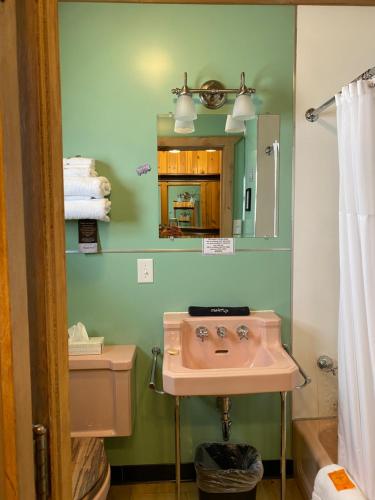 a bathroom with a pink sink and a mirror at Harney Peak Inn in Hill City
