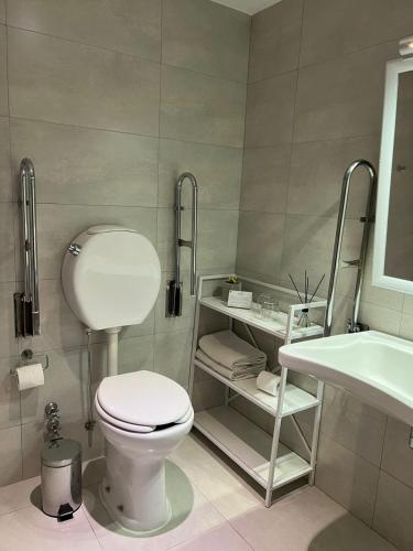 a bathroom with a toilet and a sink and a tub at ian Hotel in Buenos Aires
