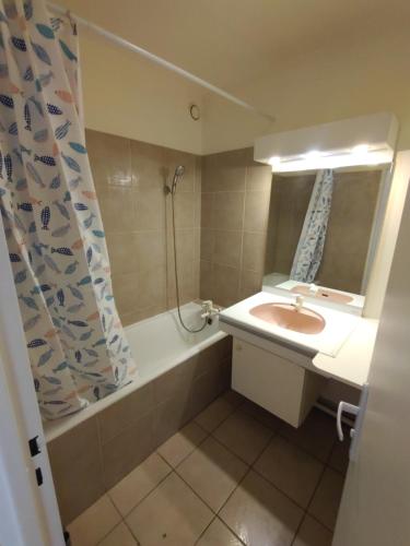 une salle de bain avec une baignoire, un lavabo et une douche dans l'établissement Calm 3 bedrooms & Salon, La Defense, Metro, Parking, à Courbevoie