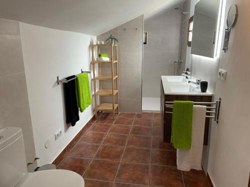 W łazience znajduje się umywalka, toaleta i zielone ręczniki. w obiekcie Casas Demi verhuurhuis w mieście Vélez Blanco
