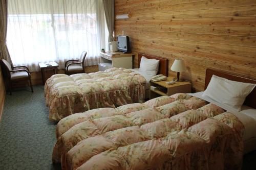 um quarto de hotel com três camas e uma televisão em Sansuikan Kawayu Midoriya em Hongu