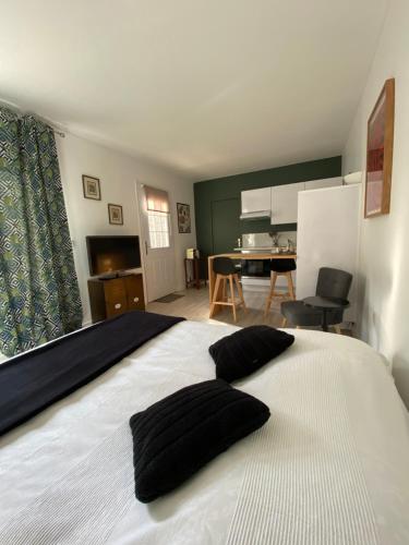 ein Schlafzimmer mit einem großen weißen Bett mit zwei Kissen darauf in der Unterkunft Studio climatisé dans un ancien domaine viticole in Montpellier