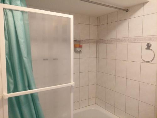 y baño con ducha con cortina verde. en Le Repaire du Golfeur de la Largue - Mooslargue en Mooslargue